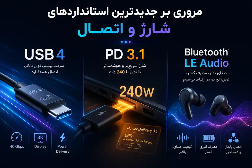 مروری بر جدیدترین استانداردهای شارژ و اتصال (USB4، PD 3.1 و بلوتوث LE Audio)